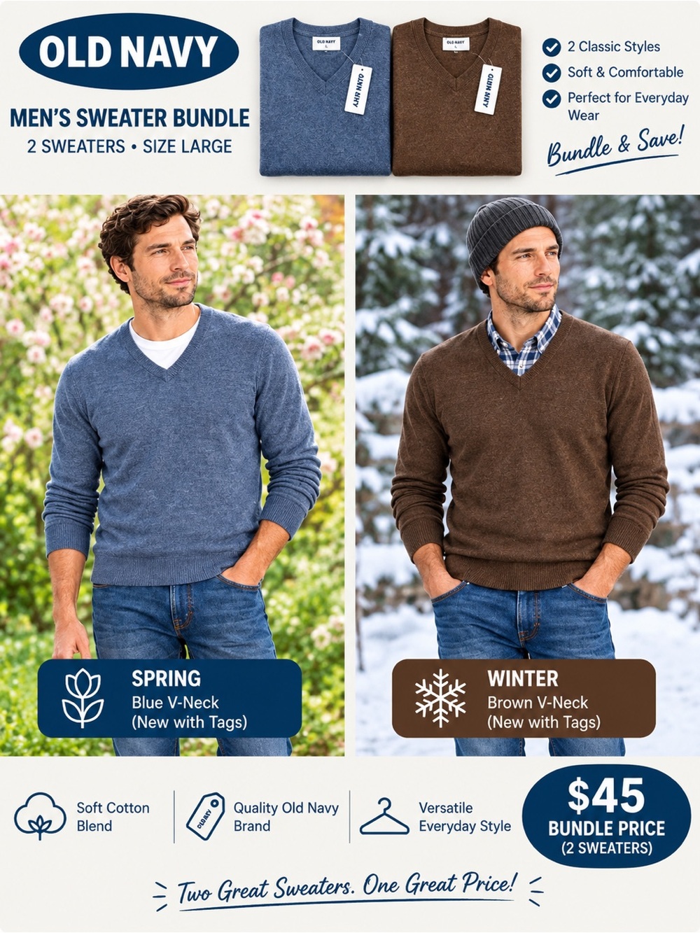 Old Navy Men’s Brown Sweater & V-Neck Bundle Size L Large 2-Piece NWT